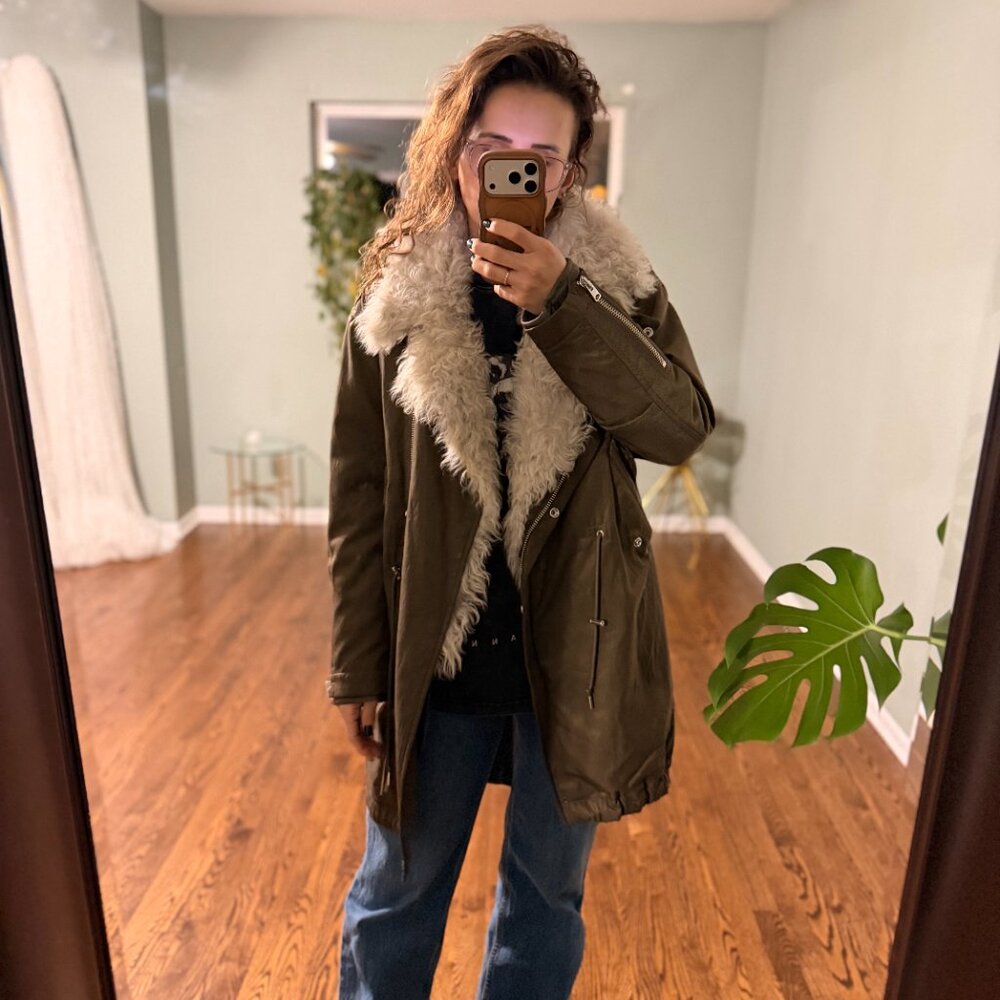 AllSaints Olive Green sheepskin Lined Parka Jacket